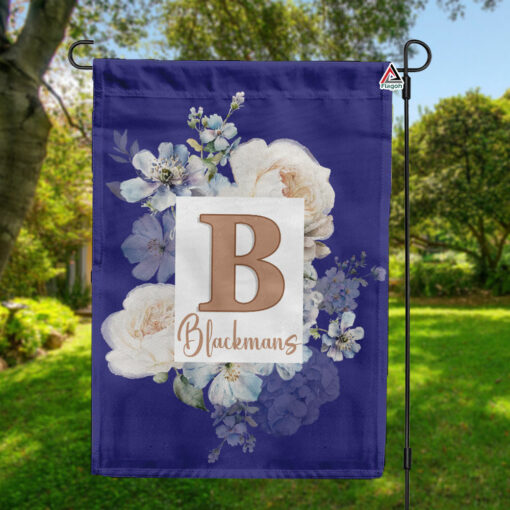 Blue Floral Bouquet Monogram Garden Flag, Custom Family Name Floral Initial Garden Flag