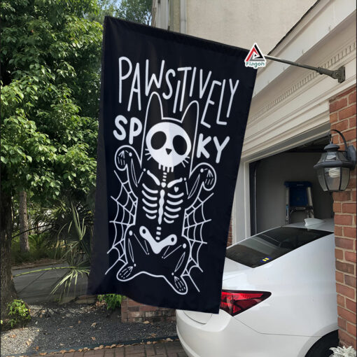 Pawsitively Spooky Flag, Halloween Cat Skeleton Flag, Funny Halloween Welcome Flag
