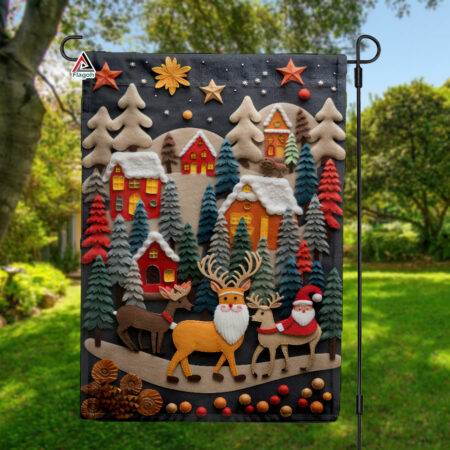 Merry Christmas Flag, Christmas Village Greetings Flag, Santa And Snowman Xmas Garden Flag