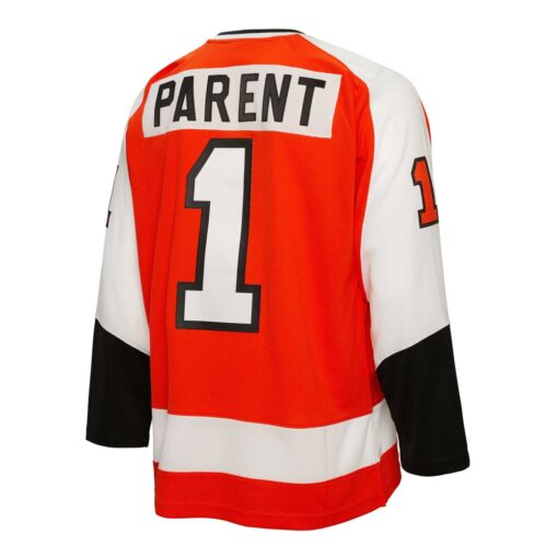 Bernie Parent Philadelphia Flyers Mitchell Ness 1974/75 Blue Line Player Jersey – Orange, Limited Replica Fan Edition