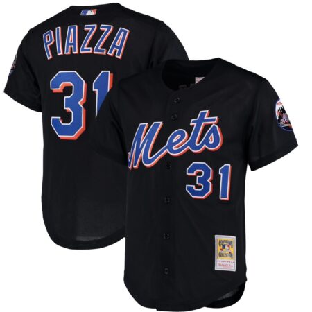 Mike Piazza New York Mets Mitchell & Ness Cooperstown Collection Mesh Batting Practice Button-Up Jersey – Black, Limited Replica Fan Edition