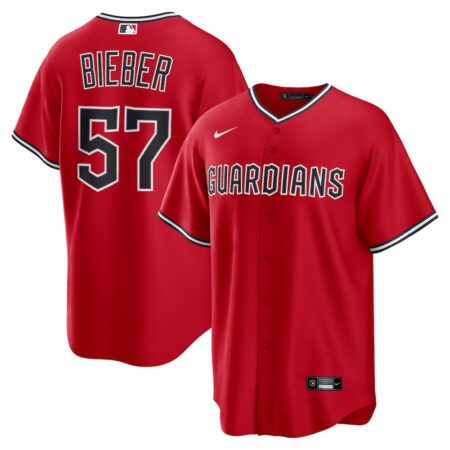 Shane Bieber Cleveland Guardians Alternate 2 Replica Jersey – Red, Limited Replica Fan Edition