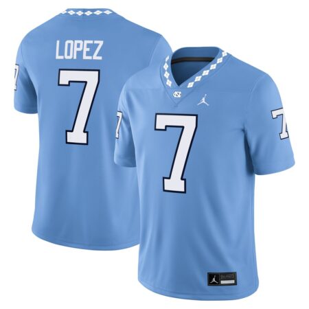 Gio Lopez North Carolina Tar Heels Jordan Brand Home NIL Football Game Jersey – Carolina Blue, Limited Replica Fan Edition
