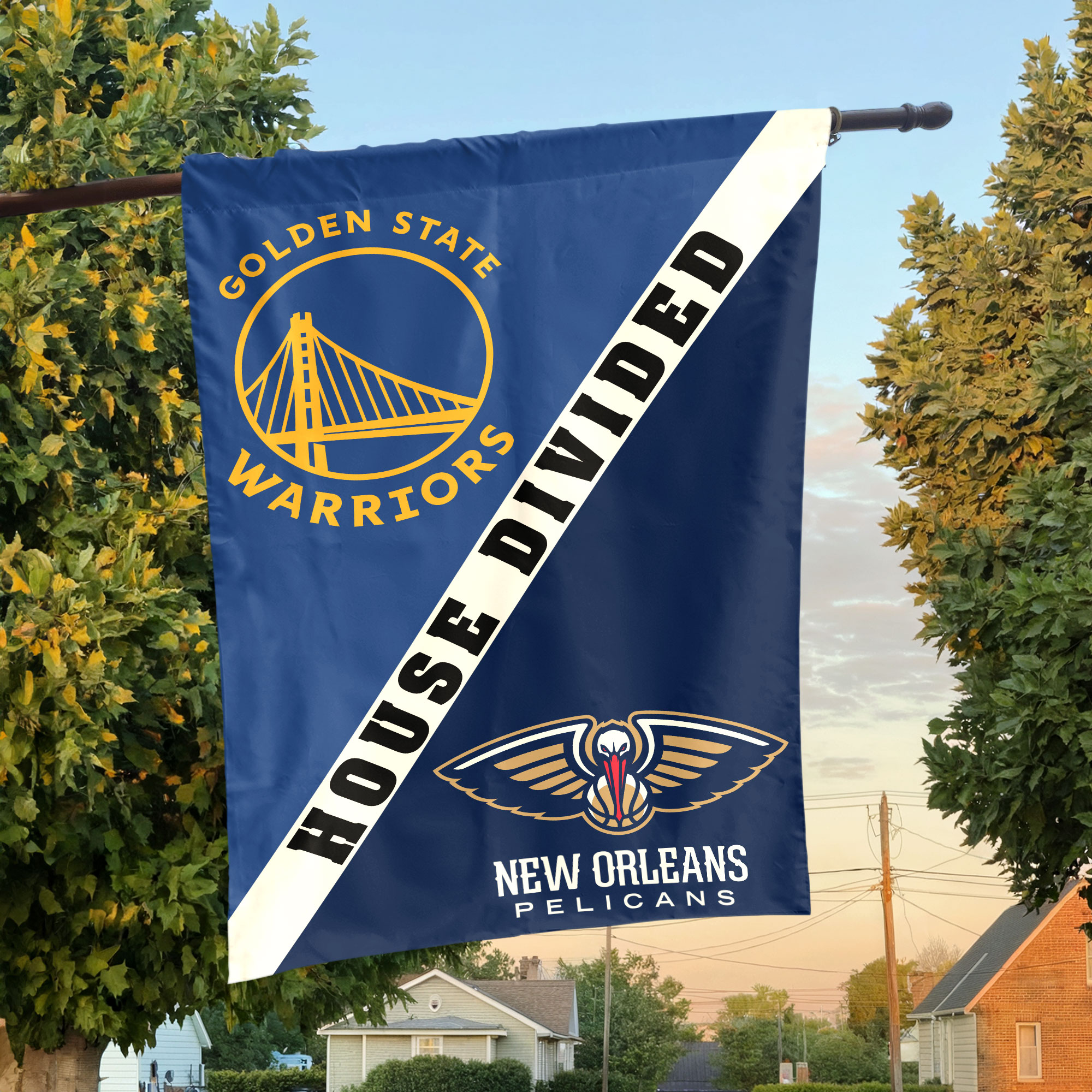 Golden State vs New Orleans House Divided Flag, NBA House Divided Flag Golden State vs New Orleans House Divided Flag, NBA House Divided Flag