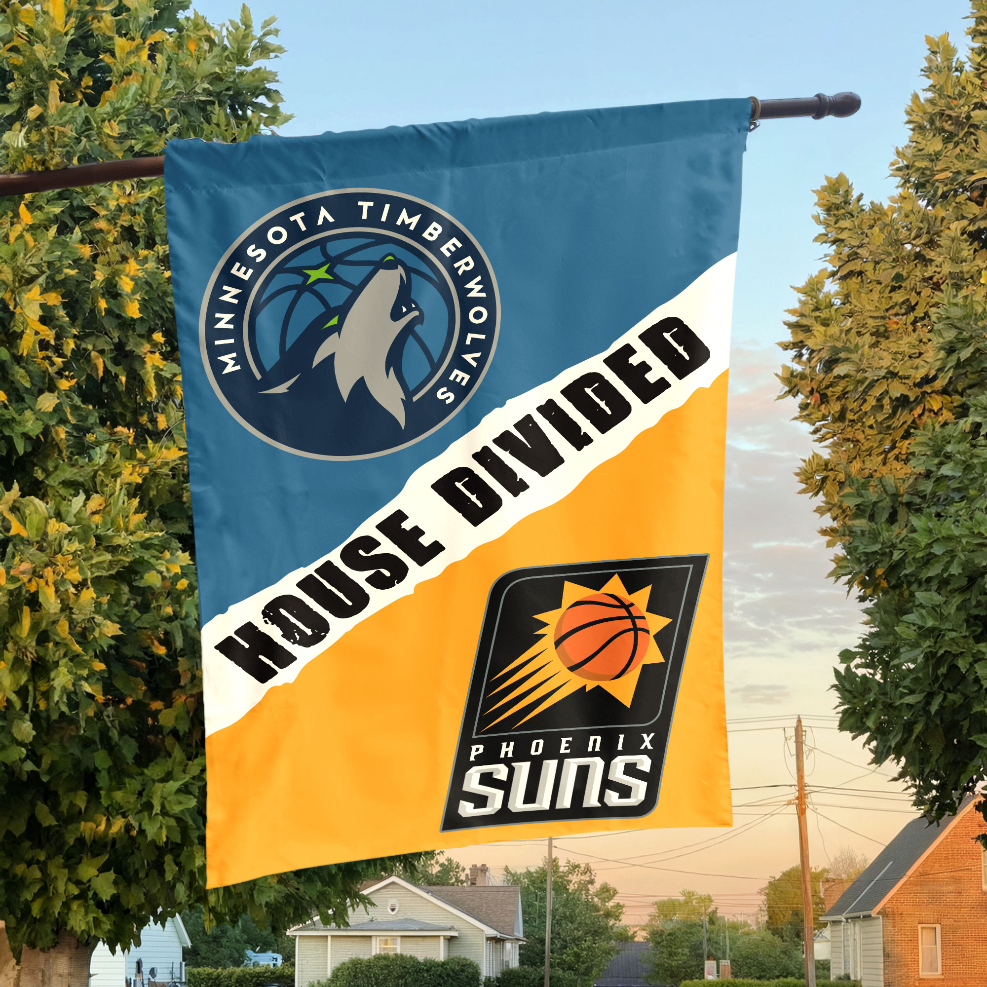 Minnesota vs Phoenix House Divided Flag, NBA House Divided Flag Minnesota vs Phoenix House Divided Flag, NBA House Divided Flag