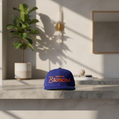 Denver Broncos Script Logo Snapback Hat Blue Orange Embroidered Flat Brim Cap