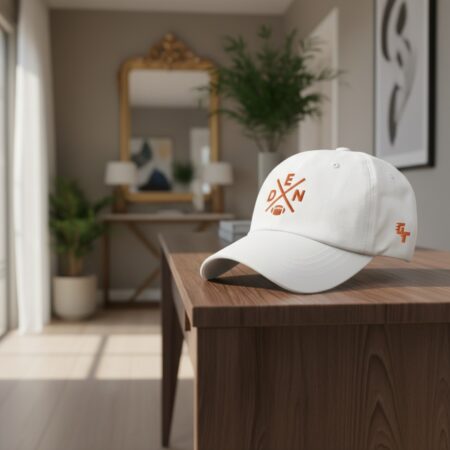 Denver Inspired White Embroidered Dad Hat With DEN Logo And Football Icon