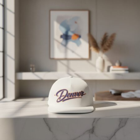 Denver Script Embroidered White Snapback Hat Flat Brim Adjustable Baseball Cap