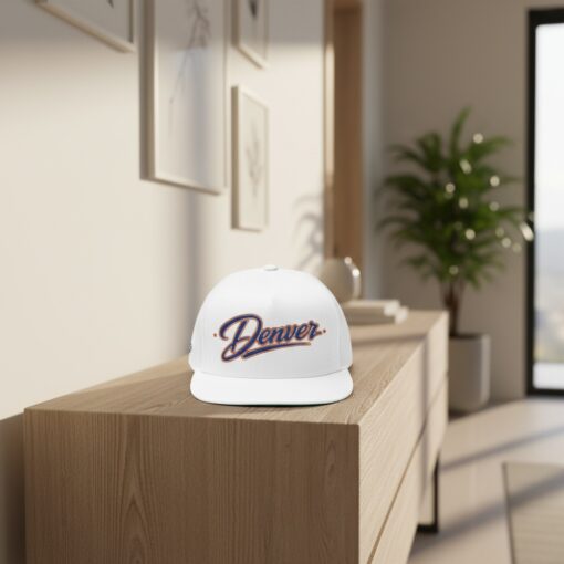 Denver Script Embroidered White Snapback Hat Flat Brim Adjustable Baseball Cap