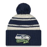 Seattle Seahawks Cream New Era Youth 2022 Sideline Sport Cuffed Knit Hat with Pom