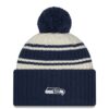 Seattle Seahawks Cream New Era Youth 2022 Sideline Sport Cuffed Knit Hat with Pom