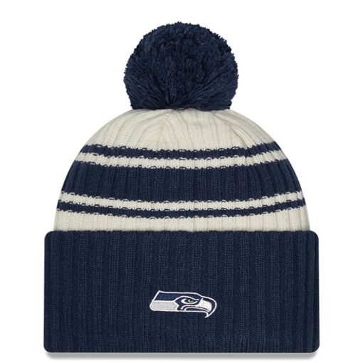 Seattle Seahawks Cream New Era Youth 2022 Sideline Sport Cuffed Knit Hat with Pom