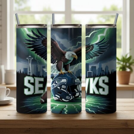 Seattle Seahawks Tumbler, NFL Bald Eagle Skyline Skinny Tumbler