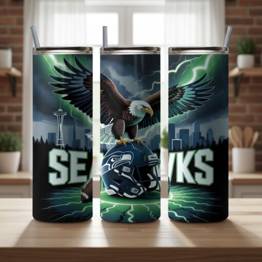 Seattle Seahawks Tumbler, NFL Bald Eagle Skyline Skinny Tumbler