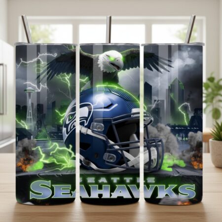 Seattle Seahawks Tumbler, NFL Lightning Eagle Skyline Skinny Tumbler