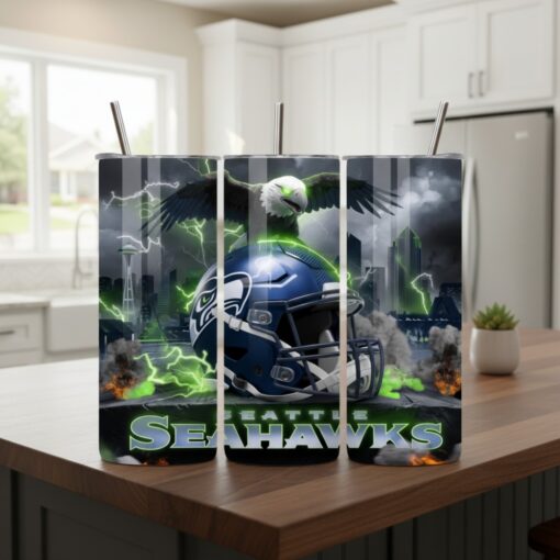 Seattle Seahawks Tumbler, NFL Lightning Eagle Skyline Skinny Tumbler