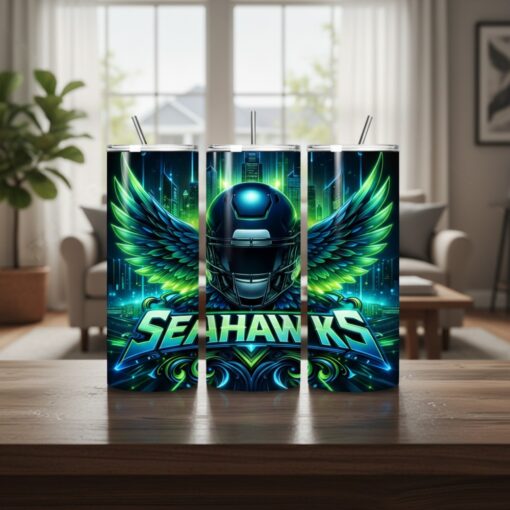 Seattle Seahawks Tumbler, NFL Neon Wings Artistic Skinny Tumbler