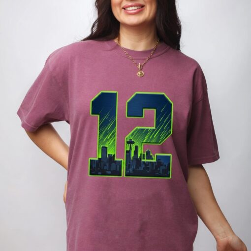 Seattle Football 12 Skyline Neon Green Football Game Day T-Shirt