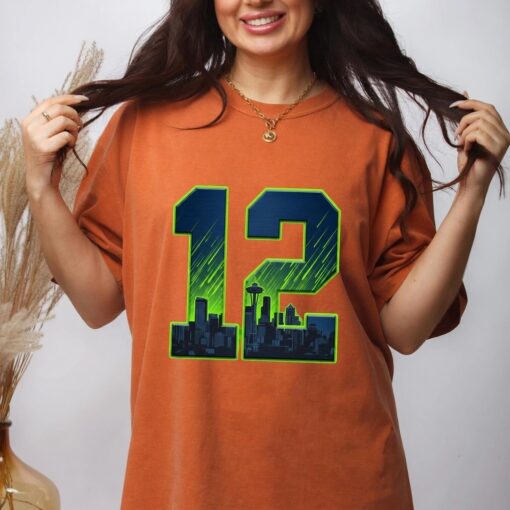Seattle Football 12 Skyline Neon Green Football Game Day T-Shirt