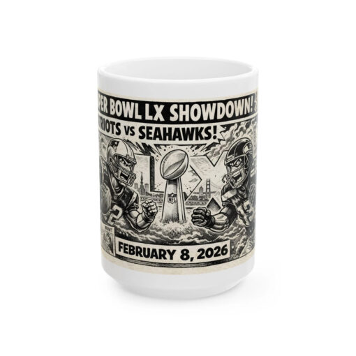 Seattle Seahawks vs Patriots Super Bowl LX Mug 15oz Vintage Newspaper Comic