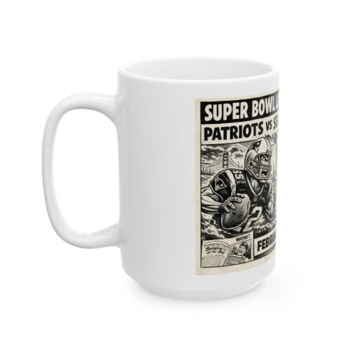 Seattle Seahawks vs Patriots Super Bowl LX Mug 15oz Vintage Newspaper Comic