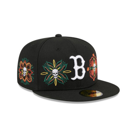 Boston Red Sox Day of the Dead Skull and Flowers Black Embroidered Fitted Hat