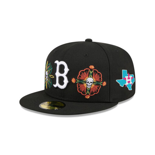 Boston Red Sox Day of the Dead Skull and Flowers Black Embroidered Fitted Hat