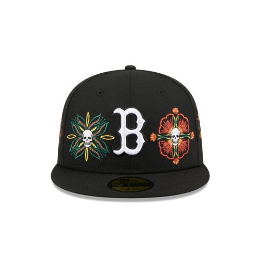 Boston Red Sox Day of the Dead Skull and Flowers Black Embroidered Fitted Hat