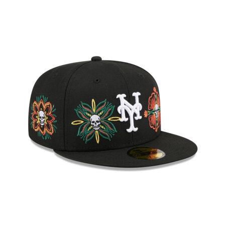 New York Mets Day of the Dead Skull & Flowers Black Embroidery Fitted Cap
