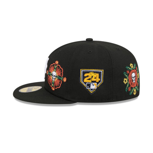 New York Mets Day of the Dead Skull & Flowers Black Embroidery Fitted Cap