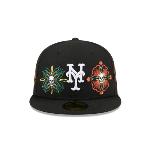 New York Mets Day of the Dead Skull & Flowers Black Embroidery Fitted Cap