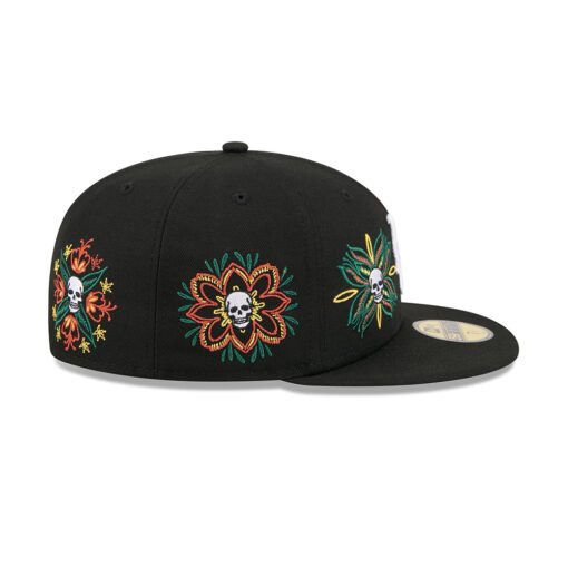 New York Mets Day of the Dead Skull & Flowers Black Embroidery Fitted Cap
