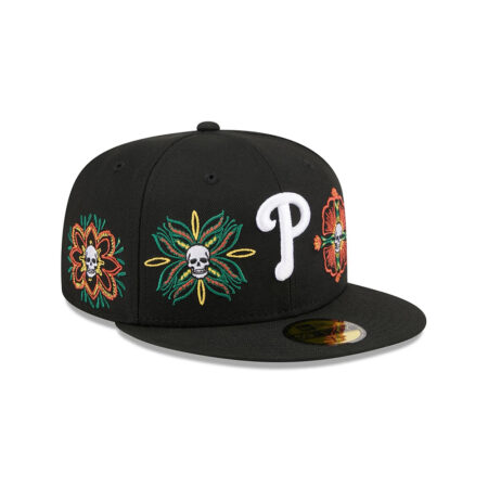 Philadelphia Phillies Day of the Dead Skull Flowers Black Embroidered Logo Fitted Cap