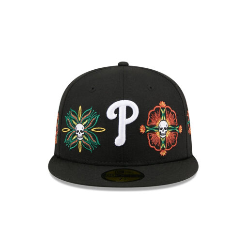 Philadelphia Phillies Day of the Dead Skull Flowers Black Embroidered Logo Fitted Cap