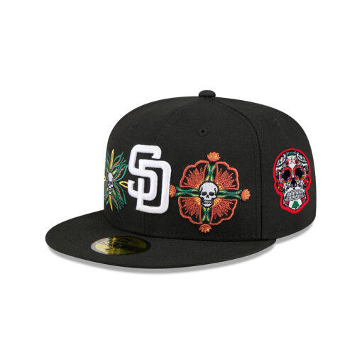San Diego Padres Day of the Dead Skull & Flowers Fitted Cap in Black