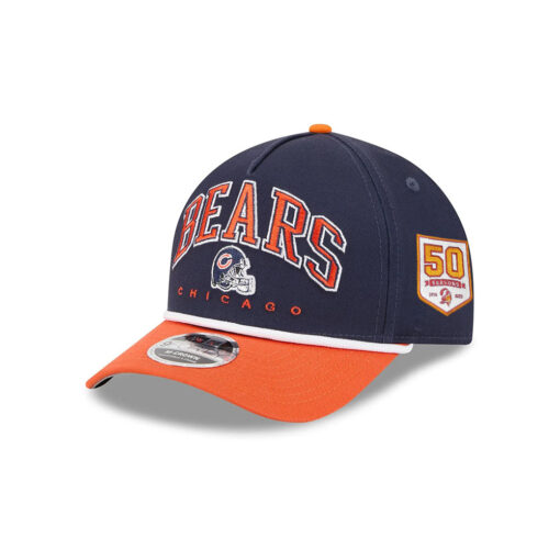 Chicago Bears Arch Wordmark Helmet Side Patch A-Frame Snapback Hat in Navy and Orange