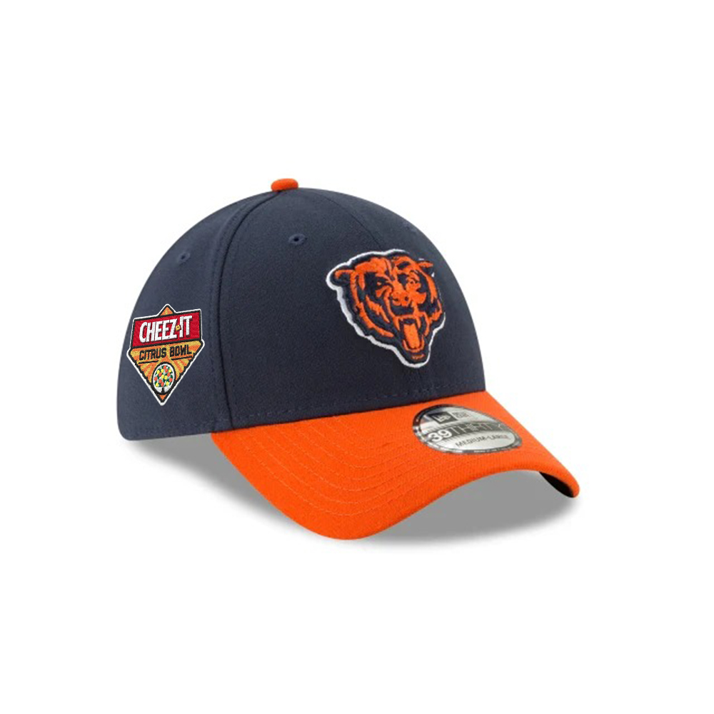 Chicago Bears Bear Head Side Patch Stretch Fit Hat in Navy and Orange Chicago Bears Bear Head Side Patch Stretch Fit Hat in Navy and Orange