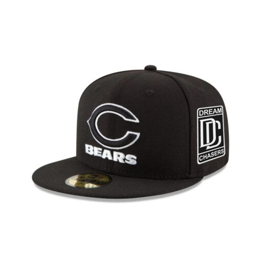Chicago Bears Black and White C Mark Wordmark Side Patch Fitted Hat in Black Chicago Bears Black and White C Mark Wordmark Side Patch Fitted Hat in Black
