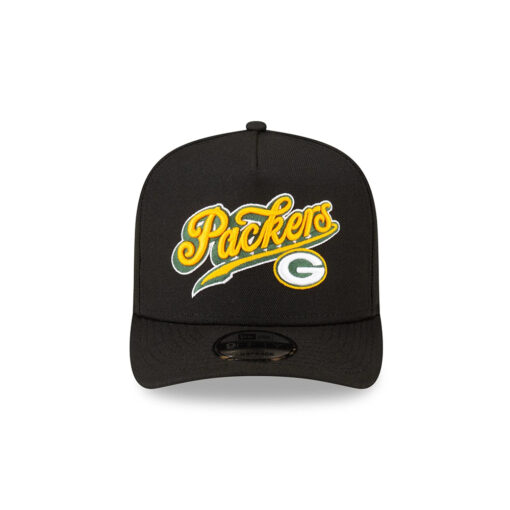 Green Bay Packers Script Logo A-Frame Snapback Hat in Black