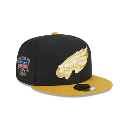 Philadelphia Eagles Metallic Gold Eagle Head Side Patch Fitted Hat in Black and Gold