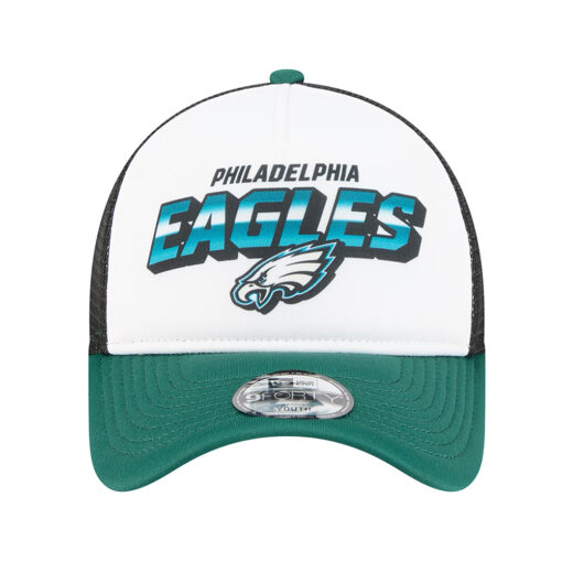 Philadelphia Eagles Streak Wordmark Eagle Head Youth Trucker Hat in White Green and Black