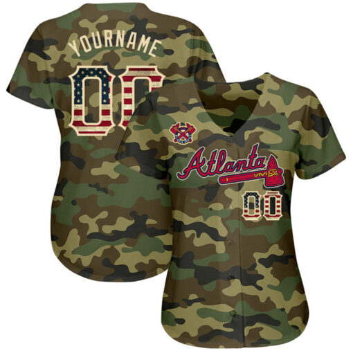 Custom Atlanta Braves Camo Vintage USA Flag Cream Baseball Jersey