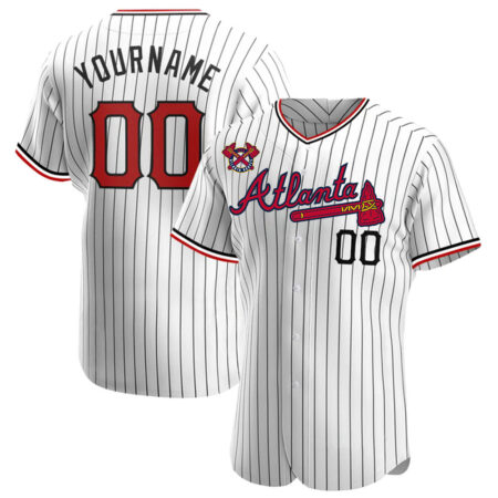 Custom Atlanta Braves White Black Pinstripe Red Black Baseball Jersey
