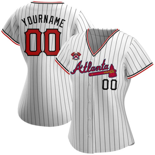 Custom Atlanta Braves White Black Pinstripe Red Black Baseball Jersey