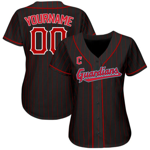 Custom Cleveland Guardians Black Red Pinstripe Red-White Authentic Baseball Jersey
