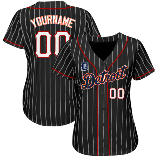 Custom Detroit Tigers Black White Pinstripe White-Red Authentic Baseball Jersey