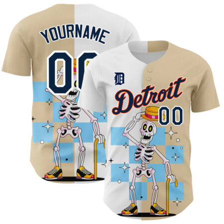 Custom Detroit Tigers City Cream White 3D Pattern Design Rave Skeleton Authentic Baseball Jersey