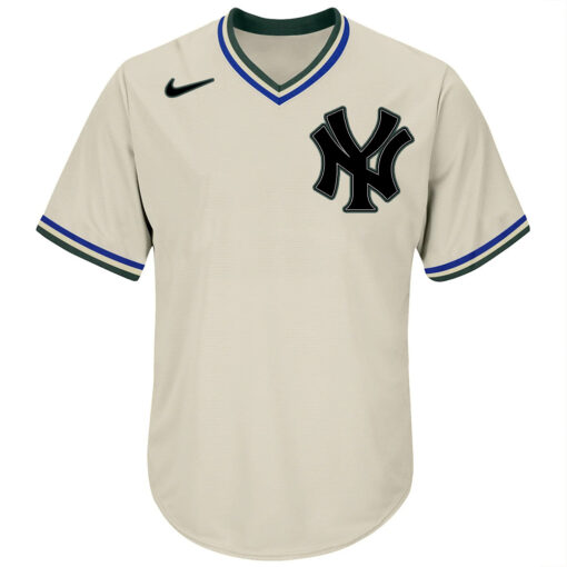 Custom New York Yankees Cream Hunter Green Royal Authentic Throwback Rib Knit Baseball Jersey Shirt