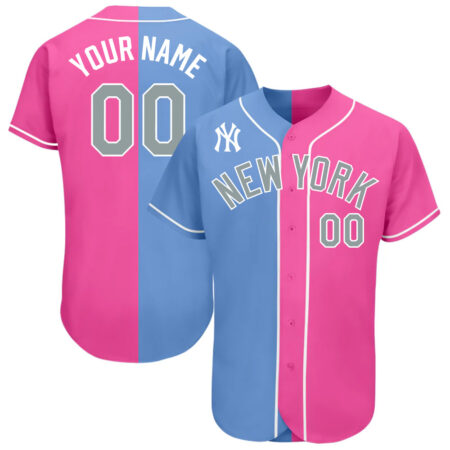 Custom New York Yankees Pink Light Blue White Authentic Split Fashion Baseball Jersey