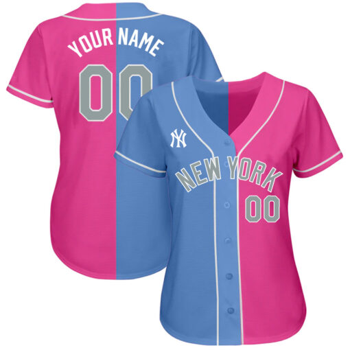 Custom New York Yankees Pink Light Blue White Authentic Split Fashion Baseball Jersey